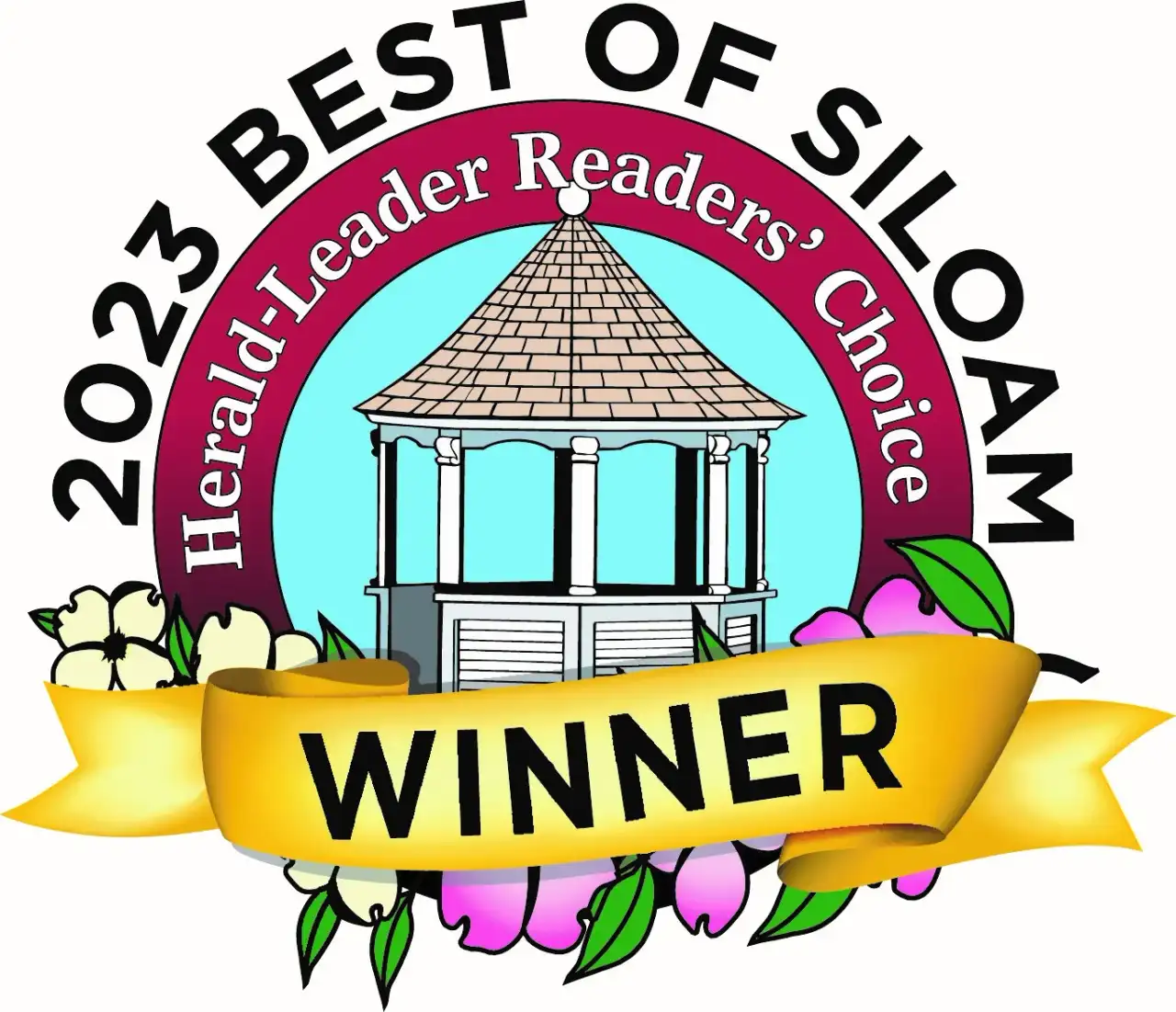 2023 Best of Siloam Herald-Leader Readers' Choice winner badge with gazebo and dogwood blossoms